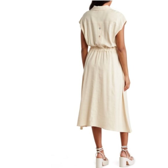 Melloday Notch Collar Short Sleeve Midi Cream Dress M - NEW - Picture 2 of 14